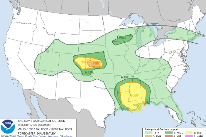 MAP Thunderstorm risk for May 2, 2021 - NWS