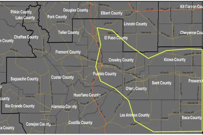 MAP Dust storm area of concern for southeast Colorado December 15, 2021 - NWS MAP Dust storm area of concern for southeast Colorado December 15, 2021 - NWS