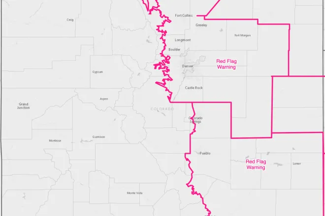 MAP Red flag warning for much of eastern Colorado December 15, 2021 - NWS