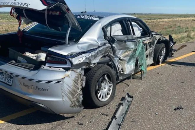PICT Heavily damaged Colorado State Patrol car following a crash June 23, 2022 - CSP