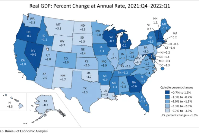 MAP Change in gross domestic product by state - 4th quarter 2021 to 1st quarter 2022 - USBEA MAP Change in gross domestic product by state - 4th quarter 2021 to 1st quarter 2022 - USBEA