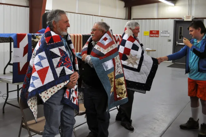 PICT Quilts of Valor recipients Walter Bates, Dwight Lessenden and Richard Glover - Roland Sorensen PICT Quilts of Valor recipients Walter Bates, Dwight Lessenden and Richard Glover - Roland Sorensen