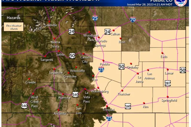 MAP Fire weather watch in outheast Colorado March 30, 2023