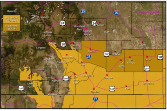 MAP High wind watches and warnings in southeast Colorado for April 4, 2023 - NWS