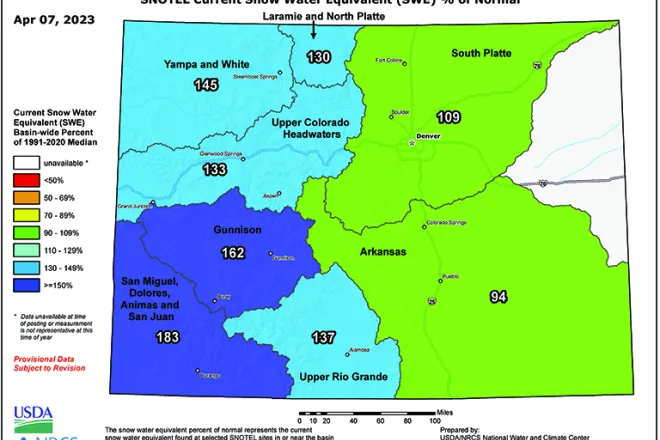 MAP Colorado river basins snow water equivalent for April 7, 2023 - USDA MAP Colorado river basins snow water equivalent for April 7, 2023 - USDA
