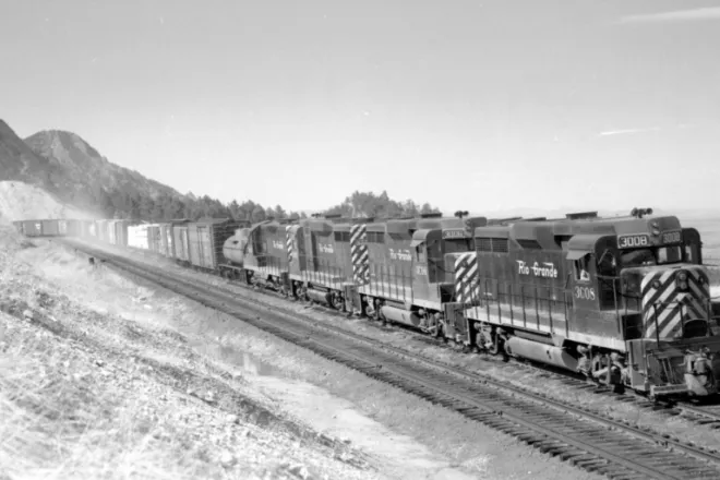 PICT A Denver & Rio Grande diesel locomotive hauls freight in Colorado in this undated photo from the 1960s. Denver Public Library Special Collections, OP-10869