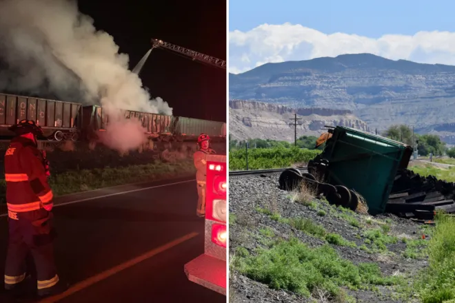 PICT Left- Firefighters put out a rail car fire near Palisade May 2, 2023. Right- The scorched car lies upturned near the tracks May 16, 2023. Palisade Fire Department, Chase Woodruff-Colorado Newsline