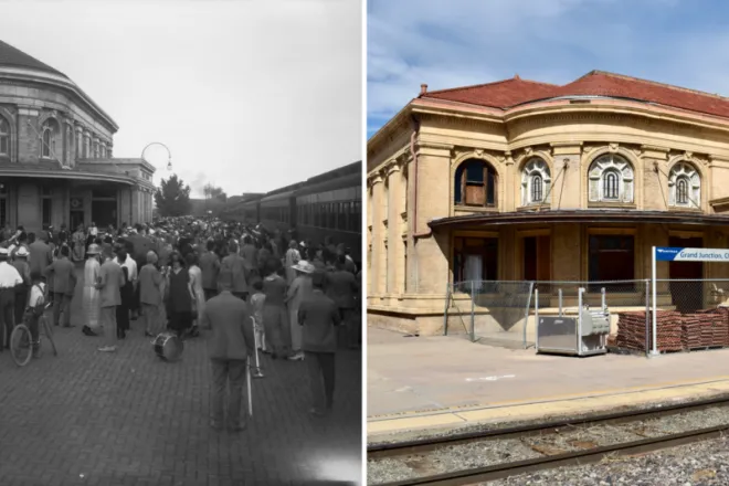 PICT Left- The Grand Junction Union Depot in an undated 1920s photograph by George Beam. Right- Today, the Union Depot lies empty and in disrepair. Denver Public Library Special Collections, Chase Woodruff-Colorado Newsline