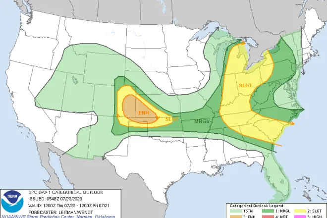 MAP Thunderstorm risk across the lower 48 states for July 20, 2023 - Storm Prediction Center