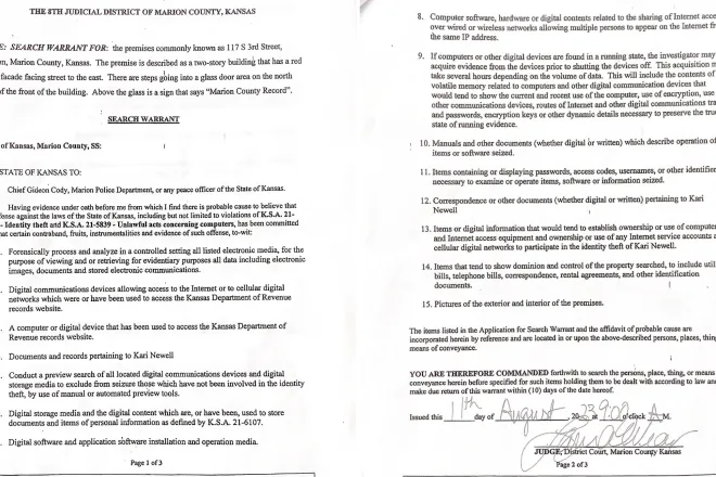PICT Marion County District Court Magistrate Judge Laura Viar signed a search warrant authorizing the police raid of the newspaper office. Sam Bailey - Kansas Reflector PICT Marion County District Court Magistrate Judge Laura Viar signed a search warrant authorizing the police raid of the newspaper office. Sam Bailey - Kansas Reflector