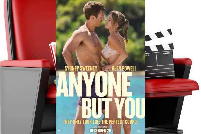 Movie poster for "Anyone but You" showing a couple near water wearing swim attire.