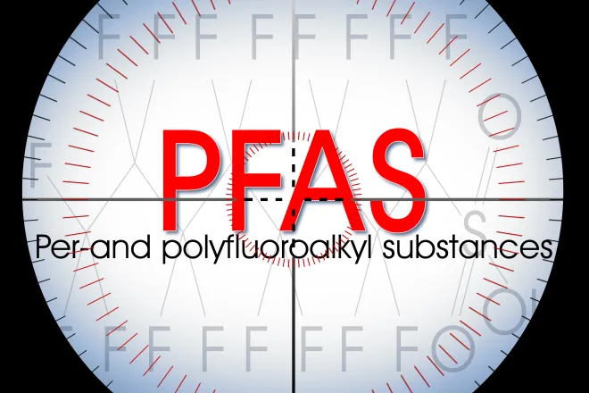 Letters PFAS above the words Per-and polyfluorpalkyl substances on a stylized white circle background