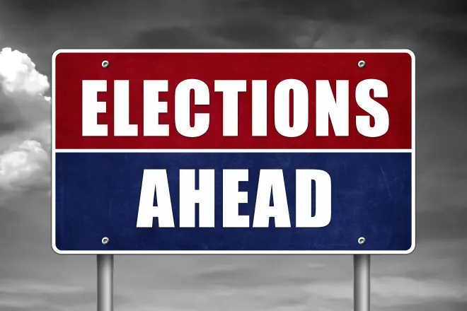 Roadside-style sign with the words "Elections Ahead"