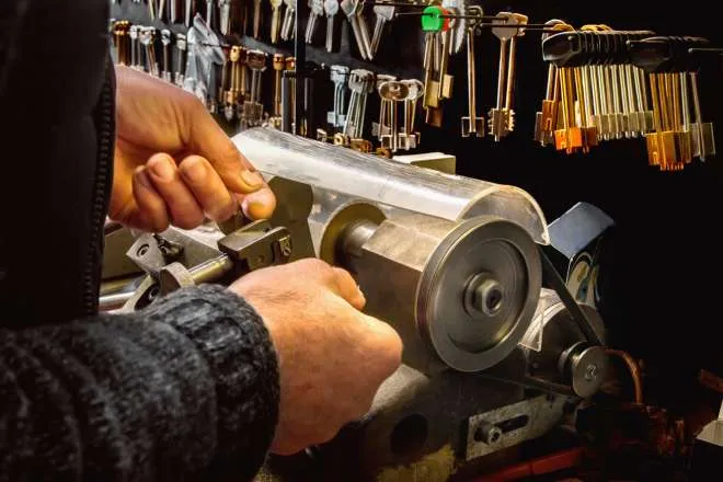 A locksmith using a key copying machine to make a duplicate key. Key blanks are hanging on a wall in front of them.