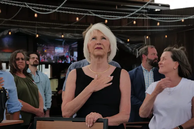 Then-Mesa County Clerk Tina Peters at her primary election watch party at the Wide Open Saloon in Sedalia on June 28, 2022. Carl Payne - Colorado Newsline