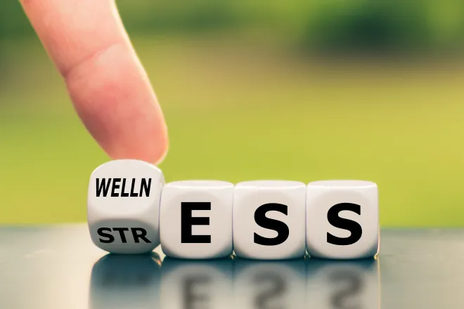 Dice with a finger tipping one to change the word from "Stress" to "Wellness"