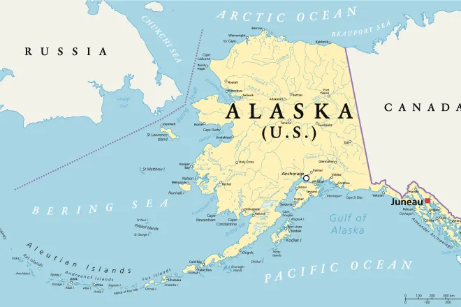 Map of the state of Alaska, showing portions of Canada and Russia