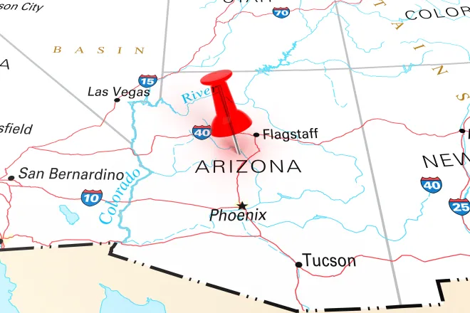 Map of the state of Arizona, showing portions of surrounding states