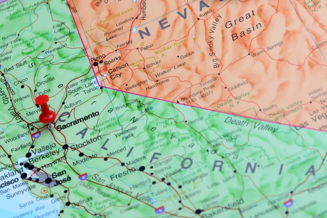 Closeup of a map showing portions of California and Nevada