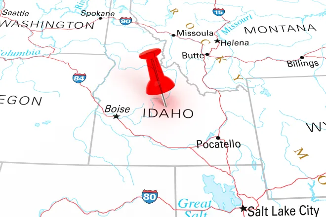 Map of the state of Idaho, showing portions of surrounding states