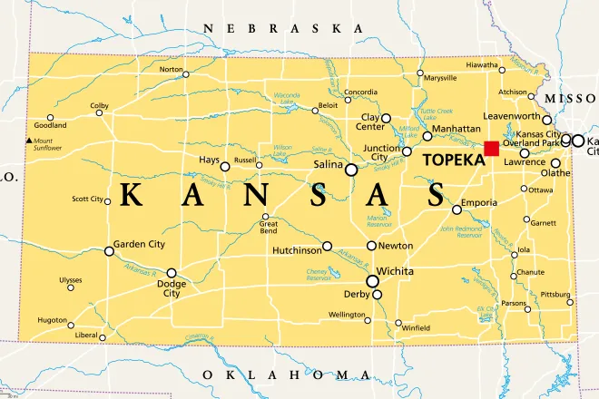 Map of the state of Kansas, showing portions of surrounding states