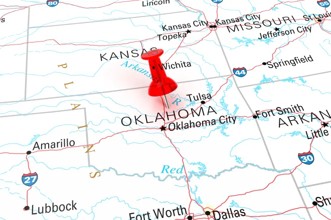 Map of the state of Oklahoma, showing portions of surrounding states