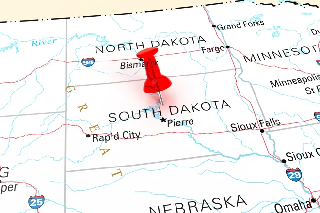 Map of the state of South Dakota, showing portions of surrounding states