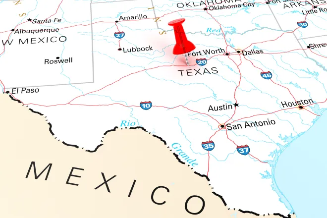 Map of the state of Texas, showing portions of surrounding states