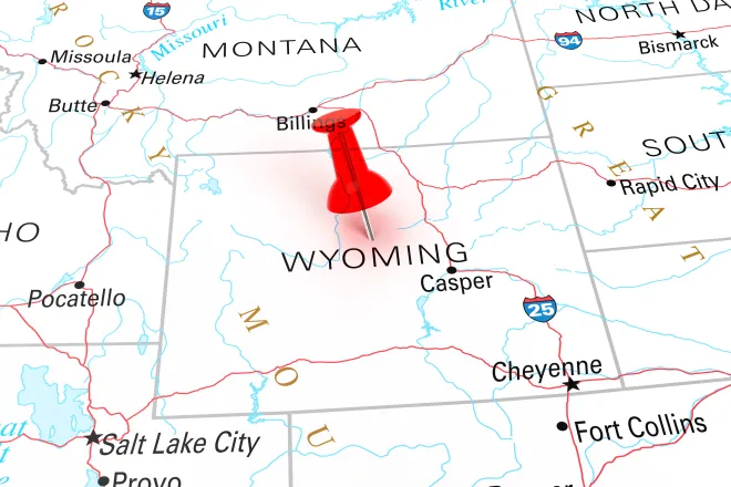 Map of the state of Wyoming, showing portions of surrounding states.