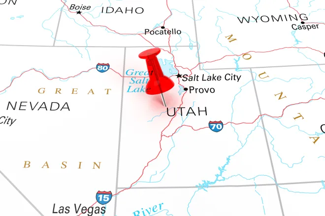 Map of the state of Utah, showing portions of surrounding states.