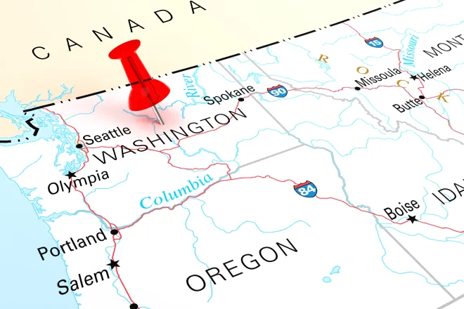 Map of the state of Washington, showing portions of surrounding states