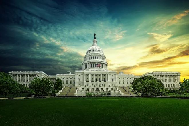 East front door of the United States Capitol building from a distance 