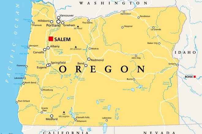 Map of the state of Oregon, showing portions of surrounding states