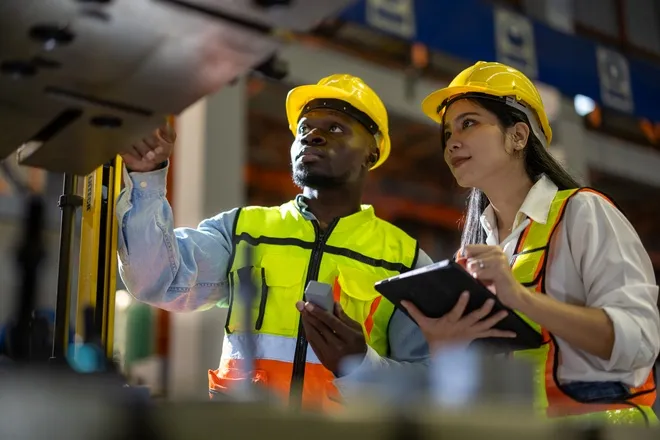 Two people looking at something in a warehouse. Both of them are wearing safety helmets and high-visibility vests.