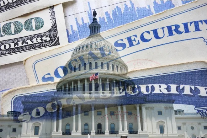PROMO HIRES CROPPED Finance - Social Security Card Capitol Washington DC Cash Senior - zimmytws - iStock-1391625775 Concept art showing the United States of America capitol building, Social Security cards, and currency overlaid.