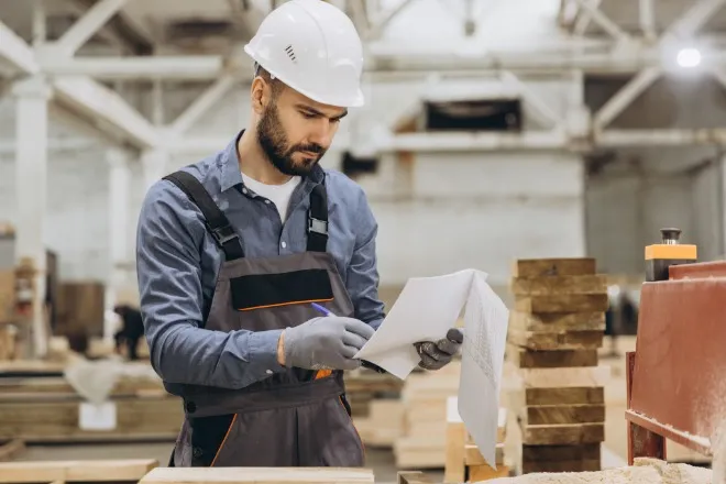 A carpenter wearing a white hard hat flips through documentation while standing next to his workstation.