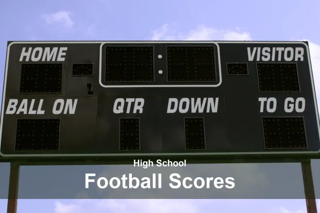 A school football scoreboard reading home, visitor, ball on, qtr, down and to go against a blue sky. The image reads “High School Football Scores”.