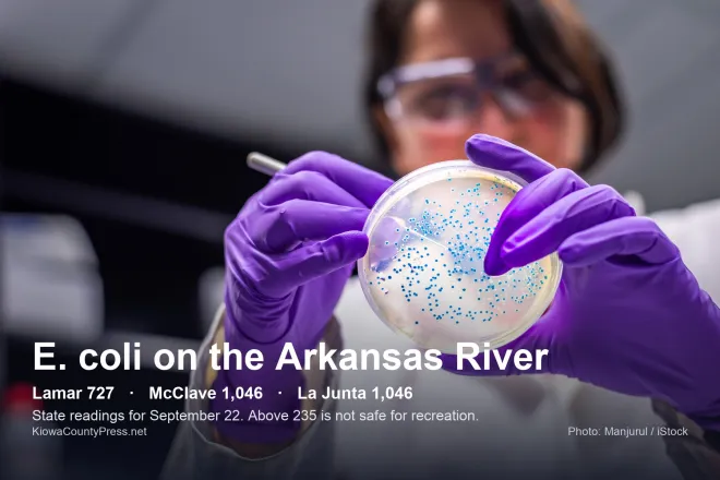 2026-09-25 PICT E. coli on the Arkansas River title card - Manjurul - iStock-1131003688 - KiowaCountyPress.net