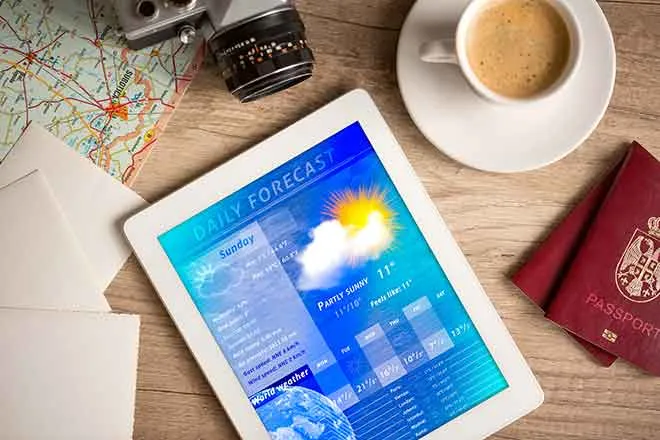 PROMO Weather - Forecast Tablet Coffee Camera Passport Travel - iStock - LuckyBusiness