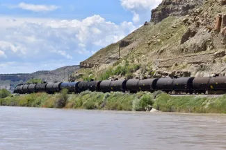 PICT A train of tanker cars travels the tracks along the Colorado River near Cameo on May 16, 2023. Chase Woodruff/Colorado Newsline PICT A train of tanker cars travels the tracks along the Colorado River near Cameo on May 16, 2023. Chase Woodruff/Colorado Newsline
