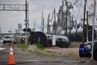 PICT A train of mostly empty tank cars derailed outside Suncor Energy’s oil refinery in Commerce City on June 16, 2023. Chase Woodruff/Colorado Newsline
