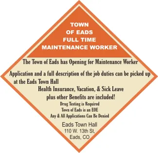 Advertisement - Town of Eads Maintenance Worker