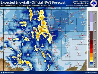 Map of expected snowfall in Colorado through 6-00 a.m. December 25, 2023 - NWS