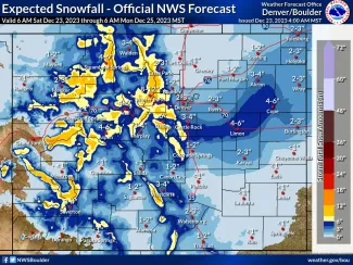 Expected Colorado snowfall - 6:00 a.m. December 23 through 6:00 a.m. December 24, 2023 - NWS