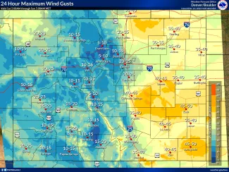Map of maximum wind gusts in Colorado through 5:00 a.m. December 24, 2023 - NWS