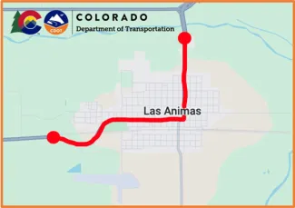 Map of Highway 50 construction project through Las Animas in Bent County, Colorado.