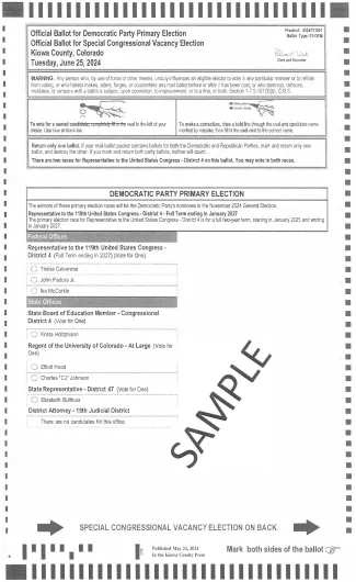 2024 Kiowa County Primary Election Ballot - Page 1.