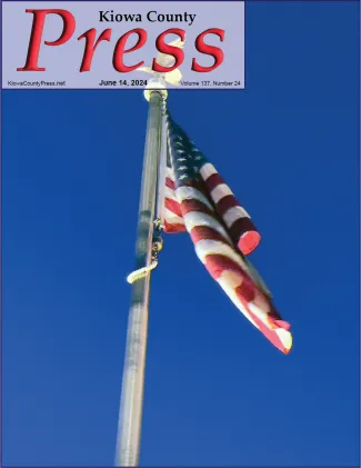 View looking up at a United States flag on a pole against a blue sky.