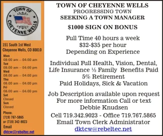 Advertisement for Town of Cheyenne Wells manager