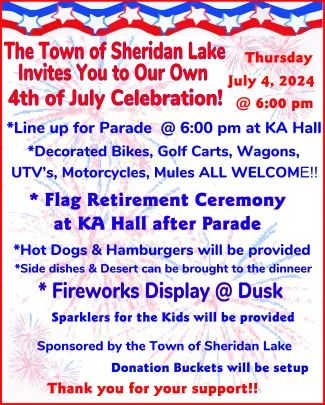 Advertisement for Sheridan Lake, Colorado, Independence Day celebration.